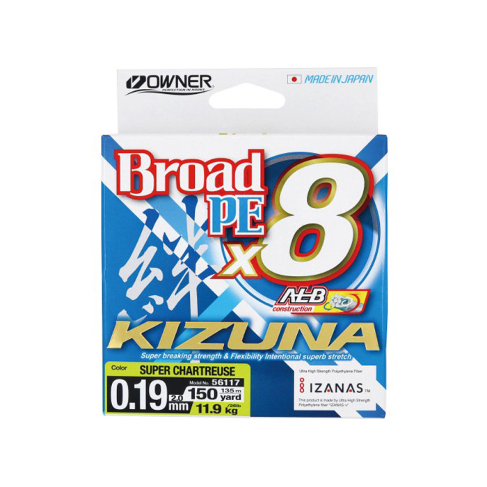 Шнур Owner Kizuna Broad PEx8 135м 0.19мм 11.9кг Chartreuse